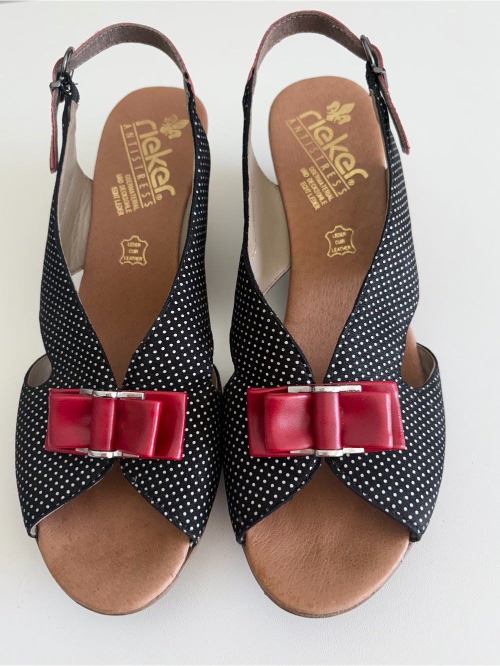 Rieker Antistress - Coquette Pin-up - Polka Dot Bow Wedge Sandals - Size 41 - Picture 2 of 6